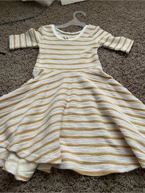 Girls' Casual Striped Knit Dress in Cream and Mustard